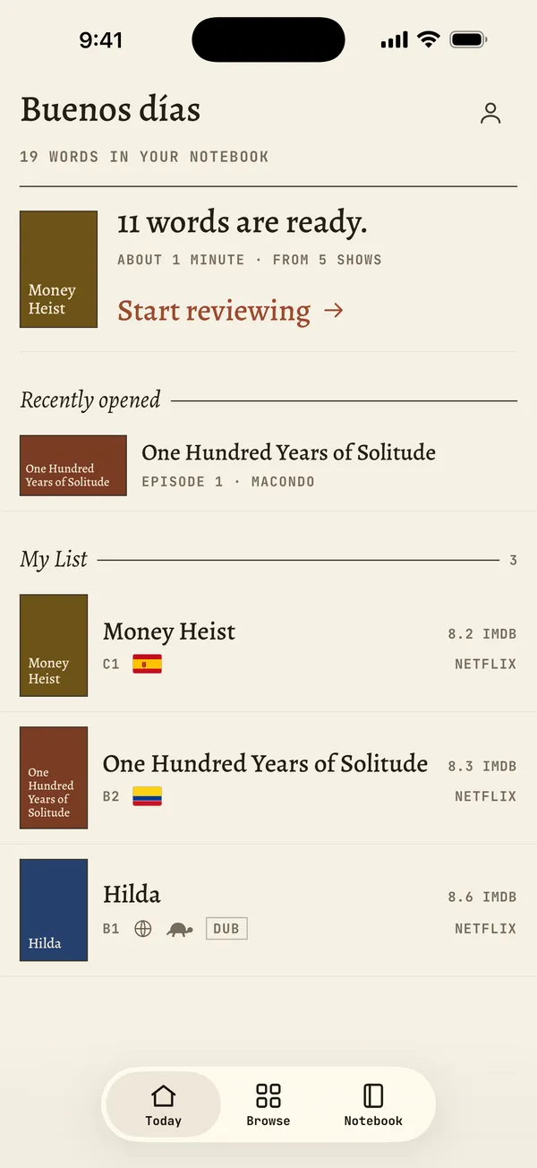 The app’s Today screen: 11 words are ready, start reviewing